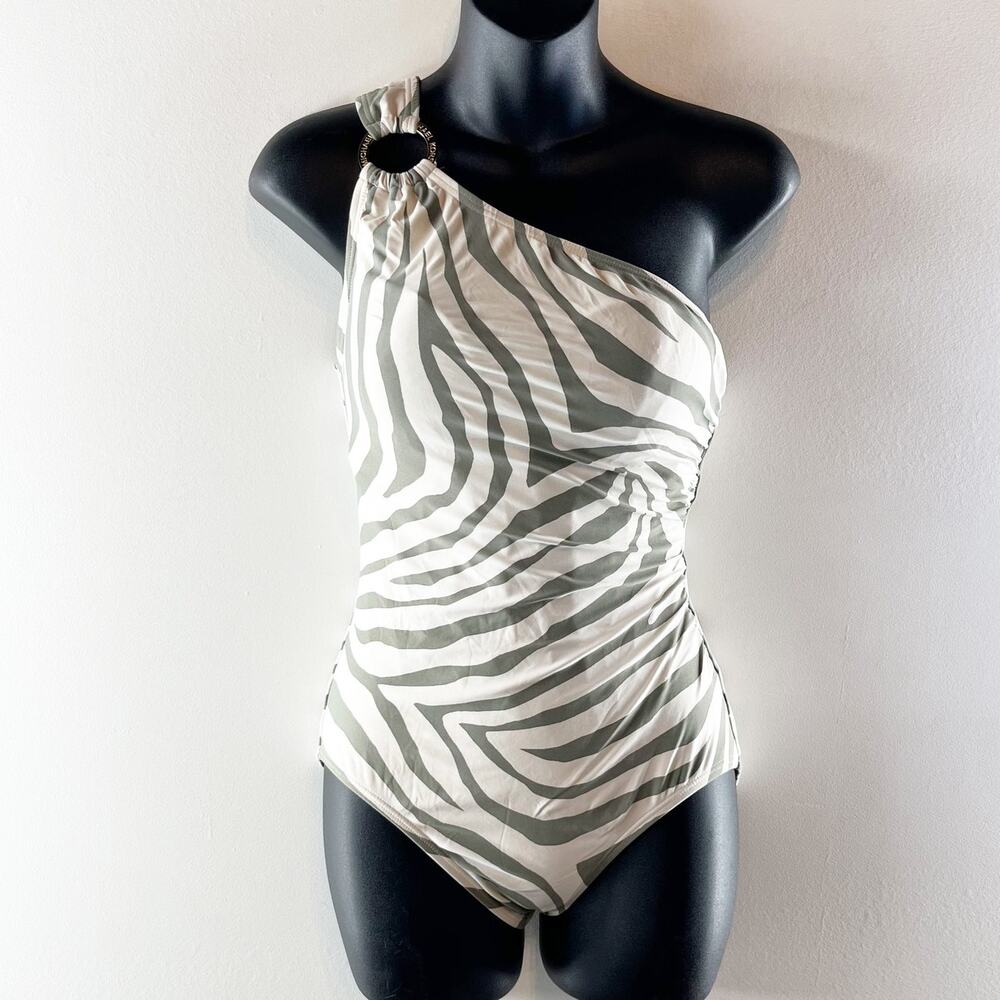 Michael Kors One Piece One Shoulder Ring Zebra Print Swimsuit White Green 6